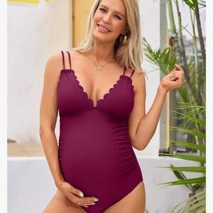 Charmo Scallop Trim Maternity Swimsuit One Piece V Neck Pregnancy Bathing Suit